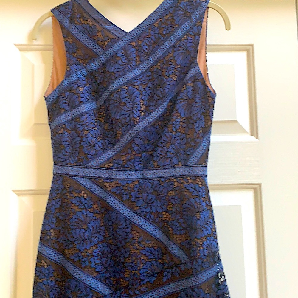 BCBG Sapphire blue lace dress w/nude underlay